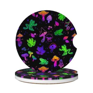 Imagem de KOSUES Cogumelos brilhantes sapos absorventes porta-copos de carro de cerâmica pacote com 2 porta-copos de inserção redonda porta-copos de carro com entalhe de dedo base de cortiça antiderrapante