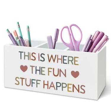 Imagem de TWRVI Suporte de caneta infantil Boho para mesa, decoração de sala de aula, This Is Where the Fun Stuff Happens Wooden Pen Pencil Holder para quarto de crianças, quarto, sala de jogos, sala de aula