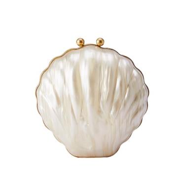 Imagem de MNBVUIW Bolsa de ombro de acrílico em forma de concha linda bolsa de mão de mármore para mulheres, coquetéis, festas de formatura, Pérola