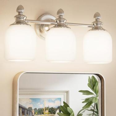 Imagem de Keonjinn Luminárias de banheiro de níquel escovado, luzes vintage de 3 luzes para espelho com persianas de vidro fosco, luminárias reversíveis de base E26 listadas pela UL para parede (lâmpadas não