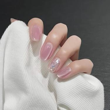 Imagem de Unhas postiças curtas médias quadradas nude rosa com glitter simples olho de gato Desien cobertura completa cola acrílica falsa em unha para mulheres, 24 peças