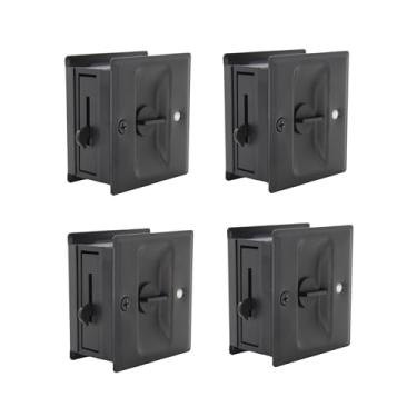 Imagem de Fechadura de porta deslizante de privacidade com puxador, fechadura de privacidade de porta de bolso de latão sólido, 6 cm x 6 cm, para porta de espessura de 3,5 cm, preto fosco, pacote com 4