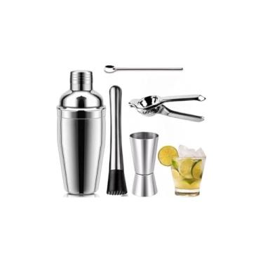 Imagem de Kit Coqueteleira Profissional, 5 Peças em Aço Inox, 550ml, com Misturador, Dosador Duplo, Separador, Pinça para Gelo, 22cm x 7cm