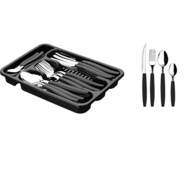Imagem de Conjunto de Talheres Premium, 25 Peças em Aço Inox com Porta-Talheres, Preto, 6 Pessoas, Inclui Garfos, Facas, Colheres de Mesa e Sobremesa