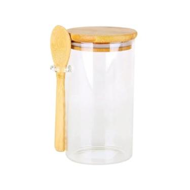 Imagem de Pote Hermético de Vidro com Tampa de Bambu e Colher 380ml Recipiente para Armazenamento de Alimentos Design Original
