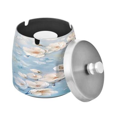 Imagem de Blueangle Cinzeiro de flores de cerejeira brancas com tampa para cigarros, à prova de vento/à prova de chuva, aço inoxidável, sem fumaça, inodoro, cinzeiro para uso interno ou externo (326)