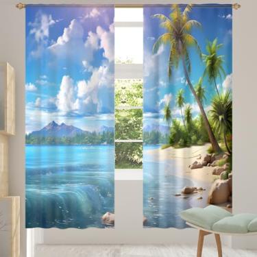 Imagem de 2 conjuntos de painéis, oceano, praia, palmeira, verão, cortinas transparentes, arejadas, com filtro leve, painéis de cortina leve, cortina de janela de porta para sala de estar, quarto, jantar, 213