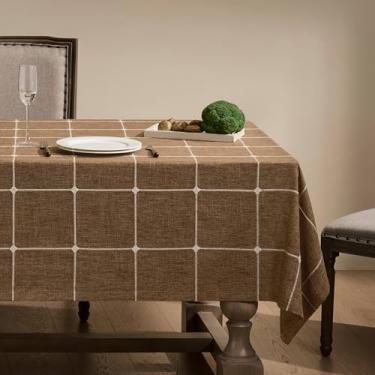 Imagem de ZeeMart Toalhas de mesa bordadas quadriculadas, caramelo, 132 x 132 cm, toalhas de mesa de algodão pesado, linho, marrom, estilo fazenda, xadrez, resistente à água, toalha de mesa quadrada