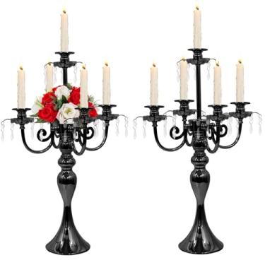 Imagem de Peça central de candelabro preto de 5 braços para mesa, castiçal de metal de 51,6 cm de altura para velas cônicas, centros de mesa góticos para mesas, casamento, festa, recepção (preto, 2 peças)