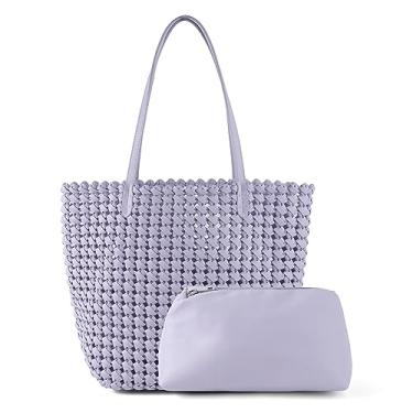 Imagem de ZOSIVEB Bolsa de tecido feminina de couro vegano, bolsa de mão grande para o verão, praia, viagem, bolsa de ombro retrô feita à mão (pruple)