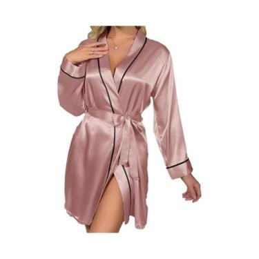 Imagem de Robe De Noite Elegante Feminina De Manga Longa Em Cetim Com Decote Em 