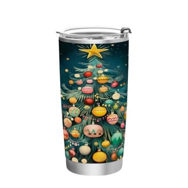 Imagem de Wassud Copo colorido de árvore de Natal com tampa e canudo de aço inoxidável de parede dupla copo isolado copo de viagem caneca de café para bebidas frias e quentes 590 ml