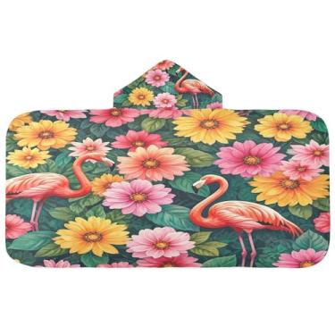 Imagem de Burbuja Toalha de banho com capuz flamingos florais para crianças, toalha de praia de pelúcia macia absorvente para meninas e meninos 3-10 anos, 61 x 127 cm