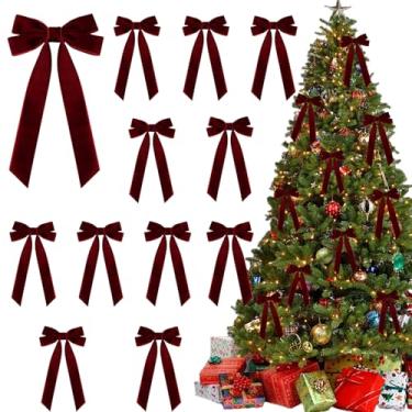 Imagem de 12 peças de laços de fita de veludo de Natal bordô fitas de veludo para casa de árvore de Natal enfeites de laço vintage para sacos de presente de Natal, decorações de festas internas
