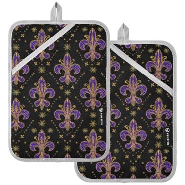 Imagem de Conjunto de 2 suportes de panela resistentes ao calor, carnaval, roxo, flor-de-lis, forro acolchoado, almofadas quentes, luvas de forno, decoração para cozinha, bancada, casa, churrasco, assar e