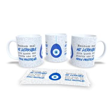 Imagem de Caneca Decorativa com Mensagem Pra Semana, Porcelana Branca, Design Olho Grego, Frase Motivacional em Português, Padrão Círculos Azuis (17361)