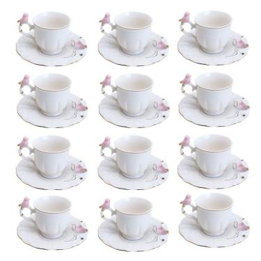 Imagem de Jogo 12 Xícara De Café Porcelana Rosa E Branca Birds Pássaro Com Pires 100ml Wolff