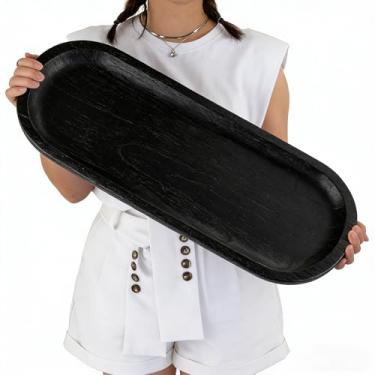 Imagem de Hanobe Tigela decorativa para sala de estar: decoração de mesa de café para tigelas grandes de massa de madeira - Tigela preta para decoração de entrada - Suporte rústico para todas as chaves balcão