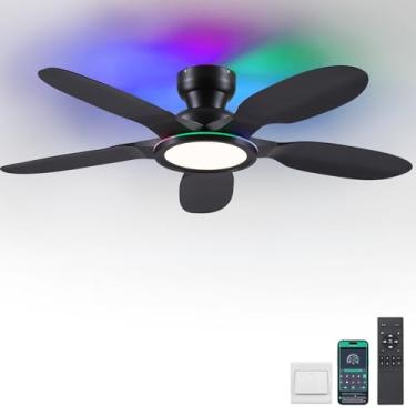Imagem de Kviflon Ventiladores de teto com luzes e controle remoto/aplicativo, ventiladores de teto de perfil baixo de 132 cm com luzes de anel RGB reguláveis, 6 velocidades, 5 lâminas curvas para quarto de