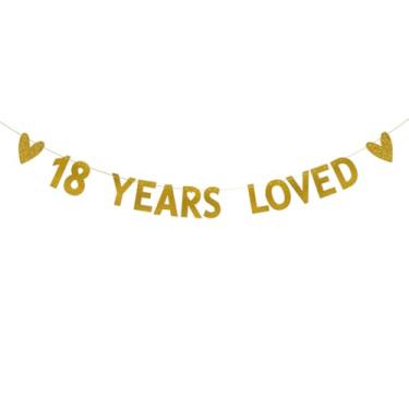Imagem de 18 YEARS LOVED Banner, pré-amarrado, faixa de papel com glitter dourado para decoração de festa de 18 anos de aniversário de 18 anos, sem necessidade de montagem, letras douradas, SUNbetterland