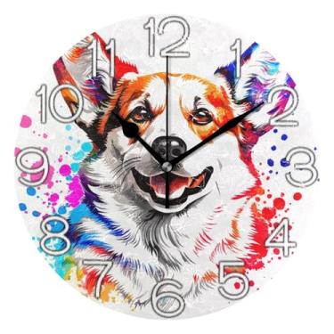 Imagem de GAIGEO Relógio de parede analógico decorativo quarto cozinha relógio estético silencioso sem tique-taque, decoração de parede vintage, sala de estar, aquarela Corgi cão, colorido, 25 cm, ponteiros