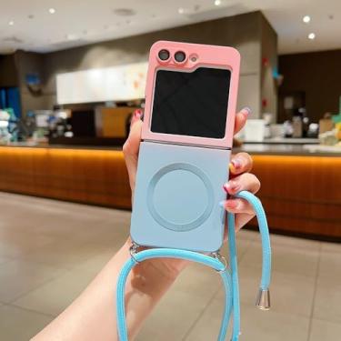 Imagem de Capa de silicone com gradiente de cor da moda para Samsung Galaxy Z Flip 5 6 Flip5, capa à prova de choque com carregamento sem fio e alça, rosa e azul, para Z Flip 6
