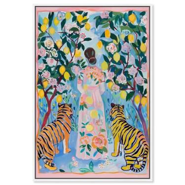 Imagem de Decoração de parede costeira com impressão em tela de jardim de tigre por Art Remedy, moldura branca, 25 x 38 cm