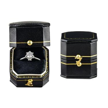 Imagem de TAIMY Caixa de anel pequena estilo vitoriano clássico, caixa de anel de presente feita à mão tamanho de bolso pequena caixa de joias de lembrança (preta, octógono quadrado)