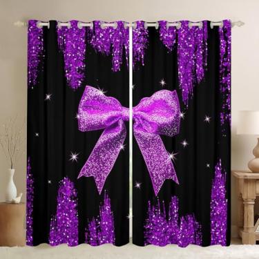 Imagem de Cortinas blecaute de nó roxo para sala de estar, cortinas de janela com laço de princesa 2 painéis 96 cm L L x 137 cm C cm, gravata borboleta geométrica kawaii, lantejoulas prateadas, tratamentos de
