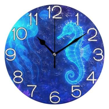 Imagem de GAIGEO Relógio de parede analógico decorativo neon azul água-viva cavalo marinho relógio de cozinha rústico estético silencioso sem tique-taque, arte de parede boho decoração de casa, 25 cm, ponteiros