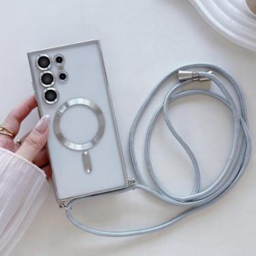 Imagem de Capa transparente com cordão para Samsung S24 S23 S22 S21 Ultra Plus, capa magnética com cordão para carregamento sem fio, prateada, para S22