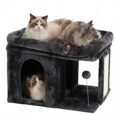 Imagem de Heybly Árvore para gatos, torre para gatos de 35,5 cm com cama de poleiro grande e condomínio para gatos grandes adultos, casa de gatos com postes para arranhar e bolas de primavera interativas para