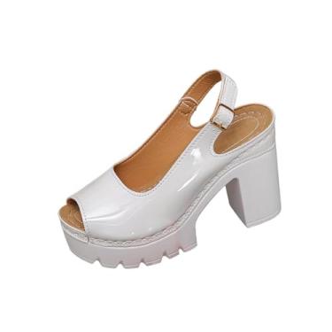 Imagem de Sandálias femininas de verão boca de peixe salto alto PU superior casual plataforma confortável caminhada, Branco, 36