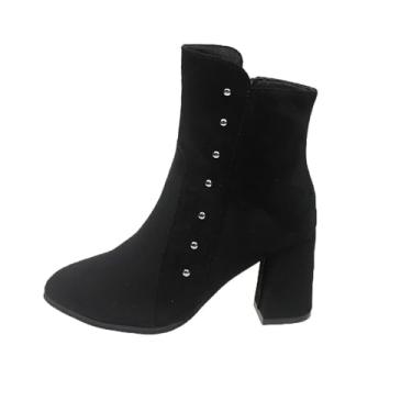 Imagem de Botas femininas quentes e versáteis, grandes, pontiagudas, salto grosso, inverno, moderno, salto médio, com pernas curtas, para outono, inverno, lazer ao ar livre, Preto, 34