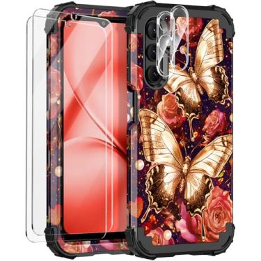 Imagem de Rancase Capa para Galaxy A15 5G, capa protetora resistente à prova de choque de três camadas com 2 películas de vidro temperado para Samsung Galaxy A15 5G 6,5 polegadas, preto e vermelho