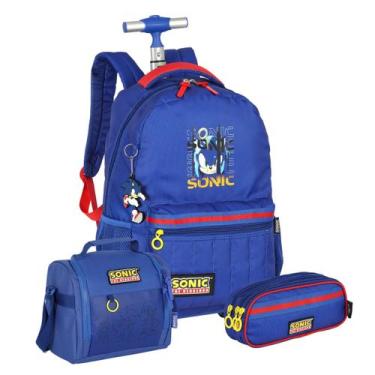 Imagem de Kit Mochila Sonic Rodinhas Escolar Lancheira E Estojo Triplo Cor:Azul,
