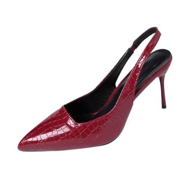 Imagem de Sandálias femininas de salto alto, bico fino, couro envernizado, bico fechado, design para o verão, outono, moda, Vinho vinho, 36