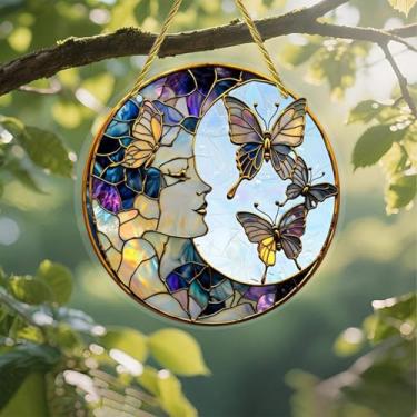 Imagem de Acrílico colorido Suncatcher, vitral, lua, rosto, borboletas, 18 cm, decoração de parede de janela suspensa com design de vitral impresso, ideia de presente e ornamento de jardim, uso interno e