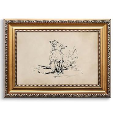 Imagem de Reateforin Arte de parede vintage emoldurada dourada para sala de estar outono raposa linha desenho impressão rústica floresta animais esboço pintura decoração de parede para cozinha estética quarto