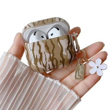 Imagem de MINSCOSE Capa transparente para AirPods 4, design de estampa de listras camufladas com chaveiro floral, capa protetora de TPU macio à prova de choque para meninas e mulheres para AirPods 4 - marrom