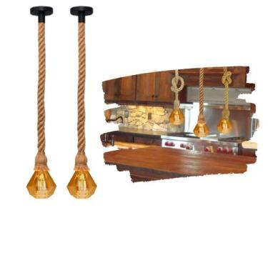 Imagem de Kit 2 Pendentes Corda Sisal Rústico De 1,80m Com Lâmpadas Led Formato 