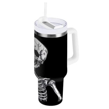 Imagem de SEHANY Copo Skull Gothic de 850 g com alça, copo isolado de aço inoxidável a vácuo de parede dupla, à prova de vazamento, copo de viagem isolado cabe no suporte de copo de carro