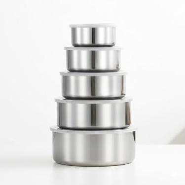 Imagem de Conjunto de 5 Potes em Aço Inox com Tampa, Tigelas Empilháveis, Redondos