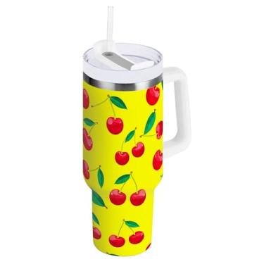 Imagem de SEHANY Copo de cereja fofo de 1,134 g com alça, copo isolado de aço inoxidável de parede dupla, à prova de vazamento, caneca de café isolada para viagem, cabe no suporte de copo de carro