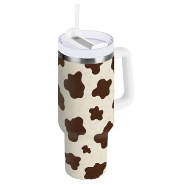 Imagem de SEHANY Copo de vaca marrom e branco de 850 g com alça, copo isolado de aço inoxidável a vácuo de parede dupla, à prova de vazamento, caneca de café isolada para viagem cabe no suporte de copo de carro