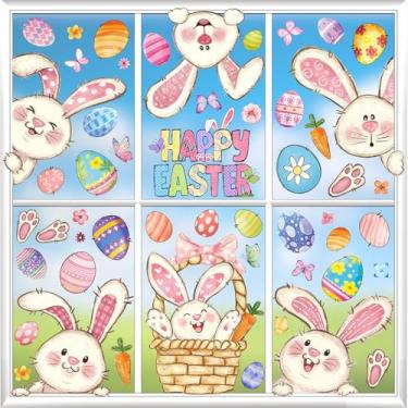 Imagem de JMHACHY Adesivos de janela de Páscoa - 9 folhas 103 peças reutilizáveis decorações de coelhinhos da Páscoa para escritório em casa, adesivos de ovos de coelhos para vidro, decalques grandes de janela