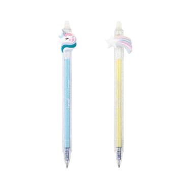 Imagem de Canetas Gel Apagável 0.7mm Unicornio e Arco-Íris com Estrela – Tinta Azul, Borracha de Fricção, Escrita Divertida Escolar – BRW – 2 unid.
