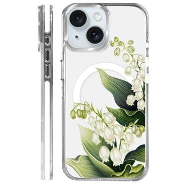 Imagem de Goodsprout Capa para iPhone 15, compatível com MagSafe, o silicone TPU transparente protege a capa de telefone de quedas, escorregões e impressões digitais. Flores verdes do sino de vento
