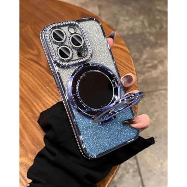 Imagem de HTVJFX Para iPhone 14 Plus (6,7") Suporte de espelho com revestimento de luxo e moldura para lente (para iPhone 14 Plus (6,7")/Capa de suporte azul)