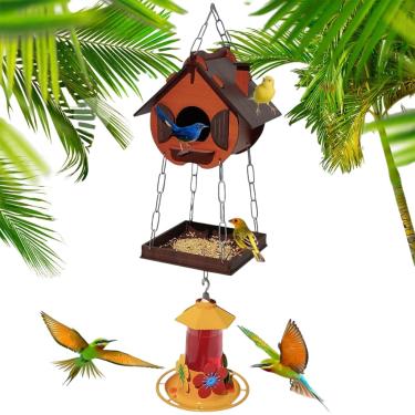 Imagem de Comedouro e Bebedouro para Pássaros Silvestres + Bebedouro para Beija-flor – MDF Artesanal, Edição Limitada, Decoração para Jardim(Mogno)